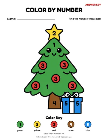 Christmas Tree Color by Number, easy · prek, numbers 1-5, colored preview