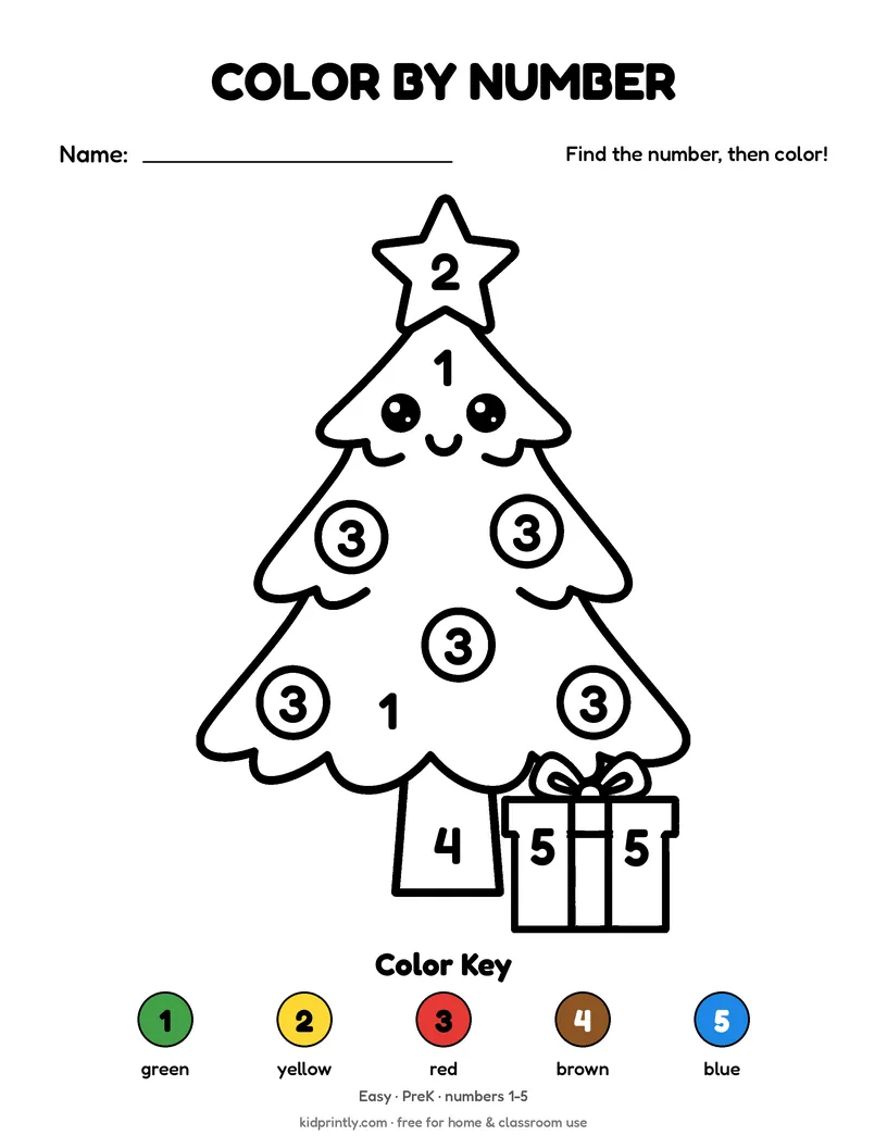 Christmas Tree Color by Number printable worksheet, easy · prek