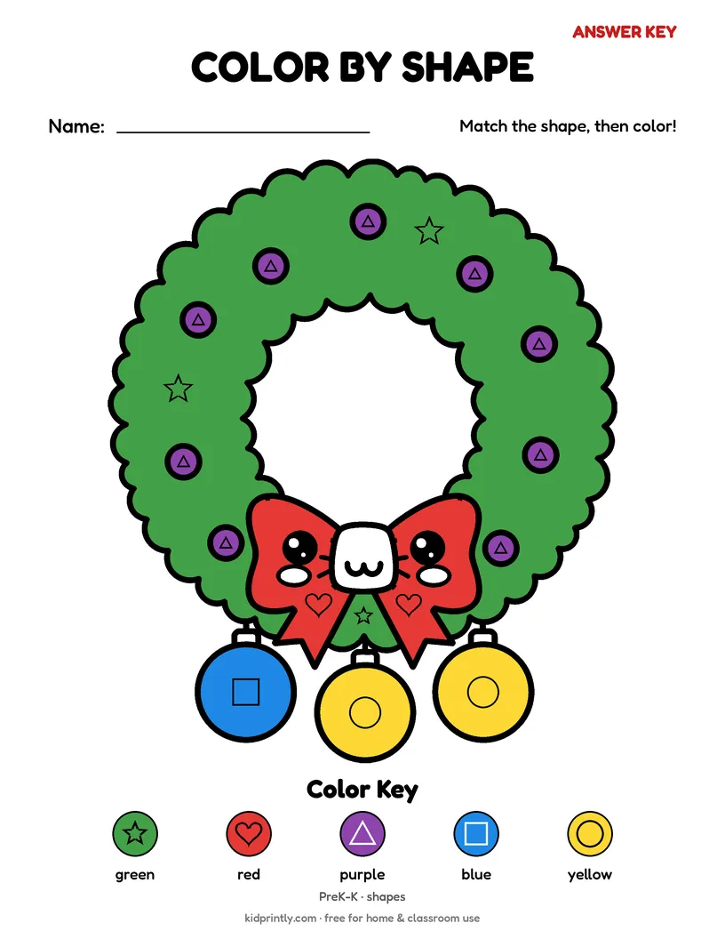 Christmas Wreath Color by Shape answer key, fully colored