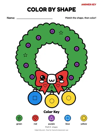 Christmas Wreath Color by Shape, prek-k, shapes, colored preview