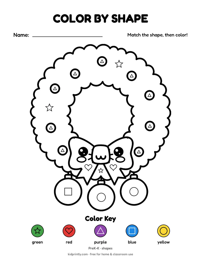 Christmas Wreath Color by Shape printable worksheet, prek-k