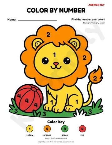 Lion Cub Color by Number, easy · prek, numbers, colored preview