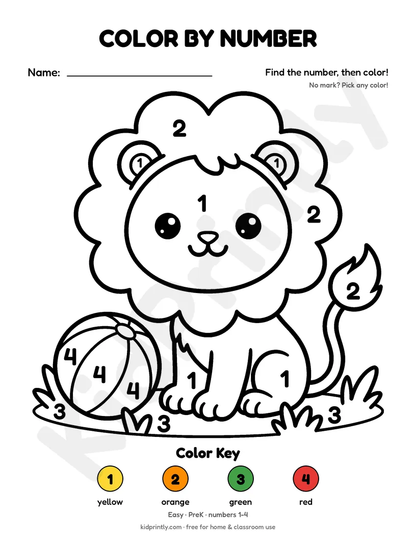 Lion Cub Color by Number printable worksheet, easy · prek