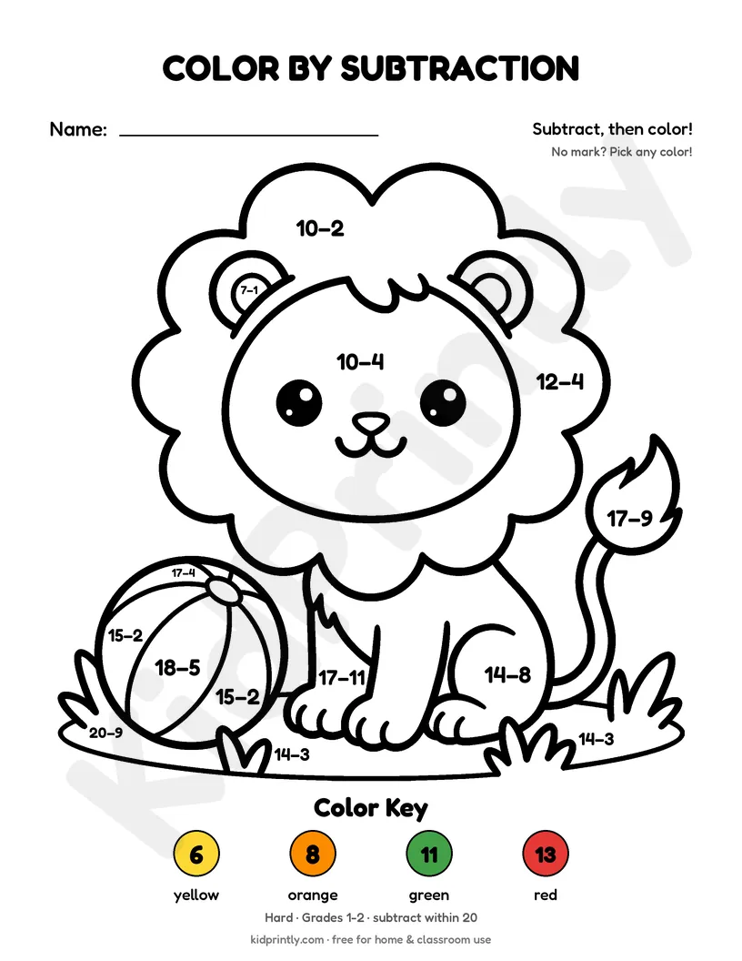 Lion Cub Color by Subtraction printable worksheet, hard · grades 1-2