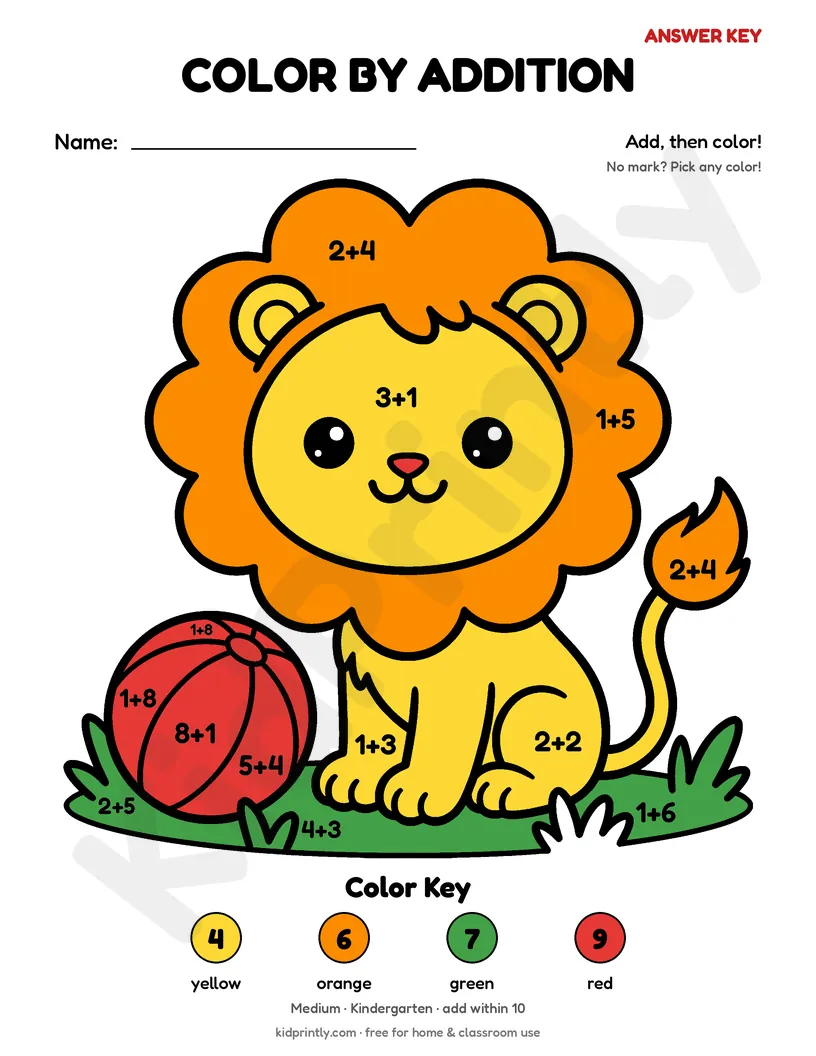 Lion Cub Color by Addition answer key, fully colored