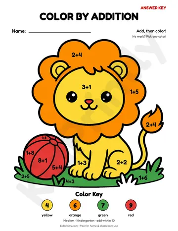 Lion Cub Color by Addition, medium · kindergarten, addition, colored preview
