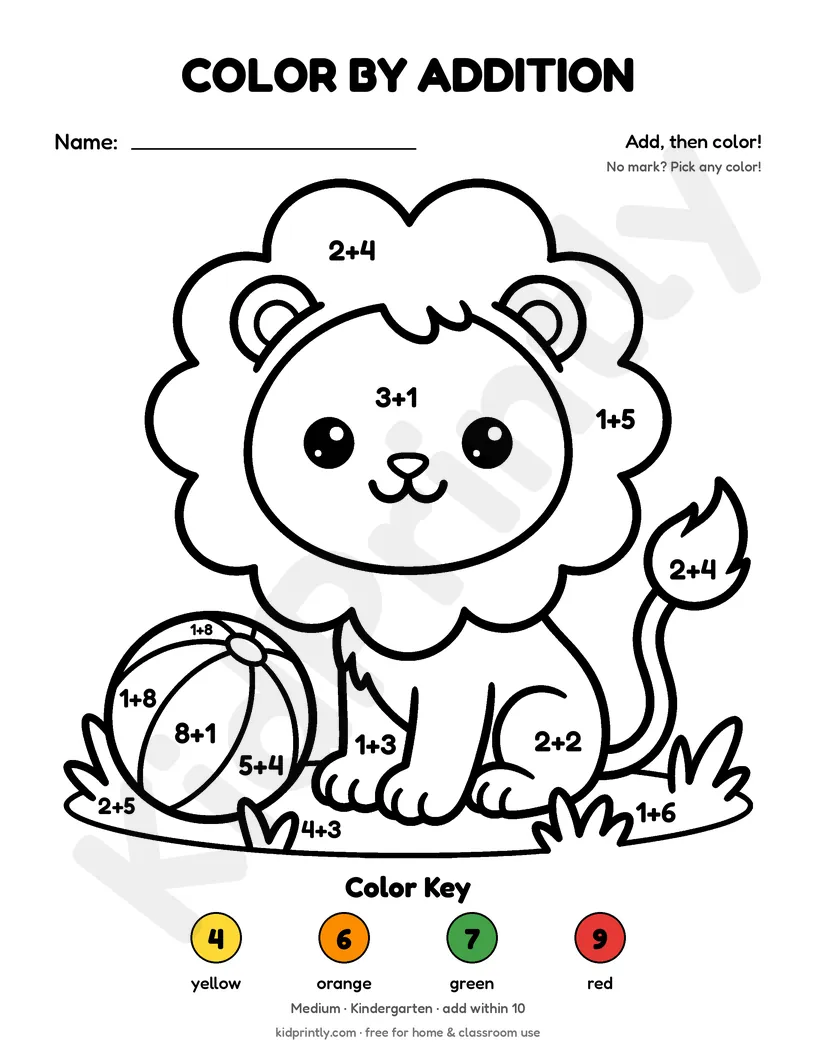 Lion Cub Color by Addition printable worksheet, medium · kindergarten