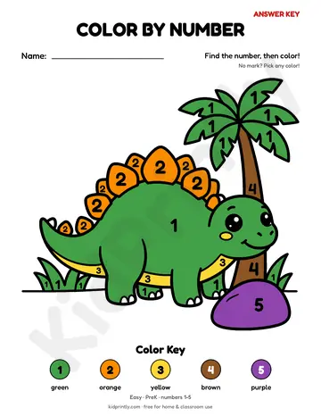 Happy Dinosaur Color by Number, easy · prek, numbers, colored preview