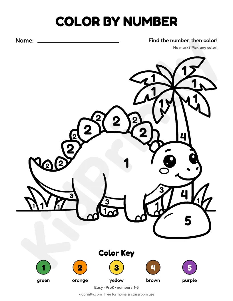 Happy Dinosaur Color by Number printable worksheet, easy · prek