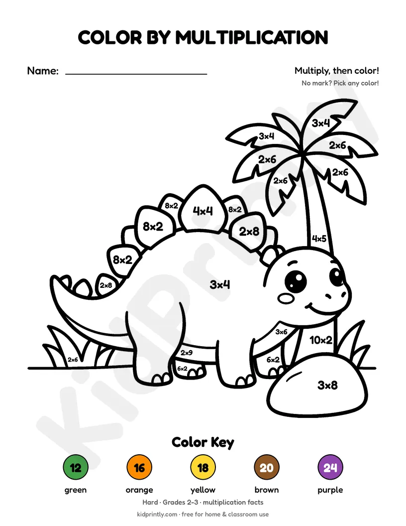 Happy Dinosaur Color by Multiplication printable worksheet, hard · grades 2-3
