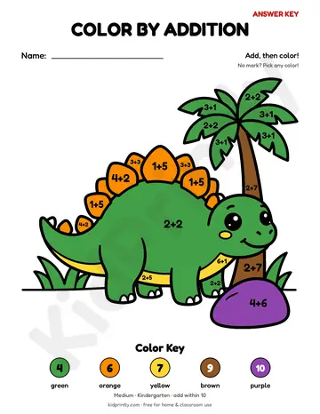 Happy Dinosaur Color by Addition, medium · kindergarten, addition, colored preview