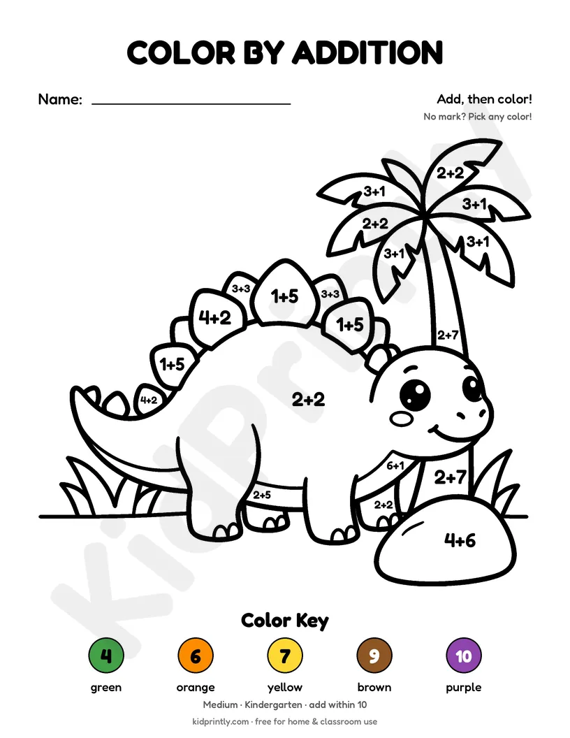 Happy Dinosaur Color by Addition printable worksheet, medium · kindergarten