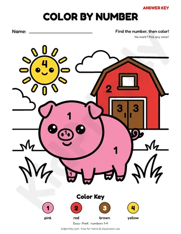 Farm Pig Color by Number, easy · prek, numbers, colored preview