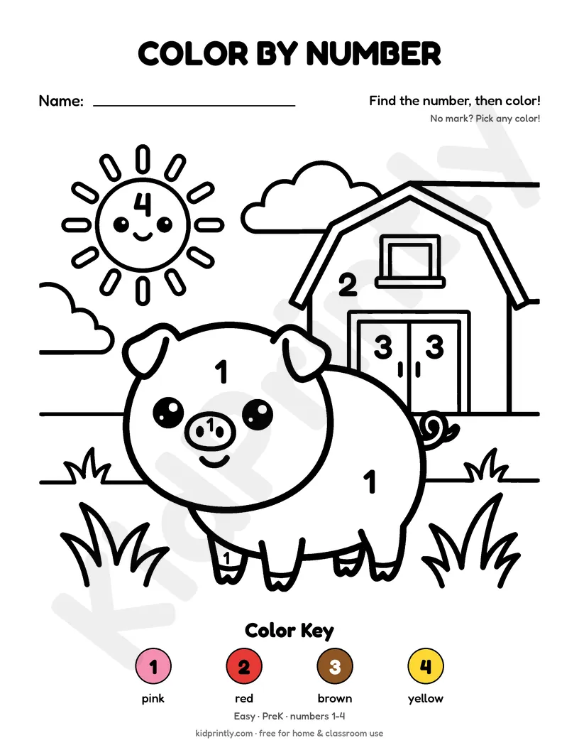 Farm Pig Color by Number printable worksheet, easy · prek