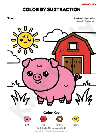 Farm Pig Color by Subtraction, hard · grades 1-2, subtraction, colored preview