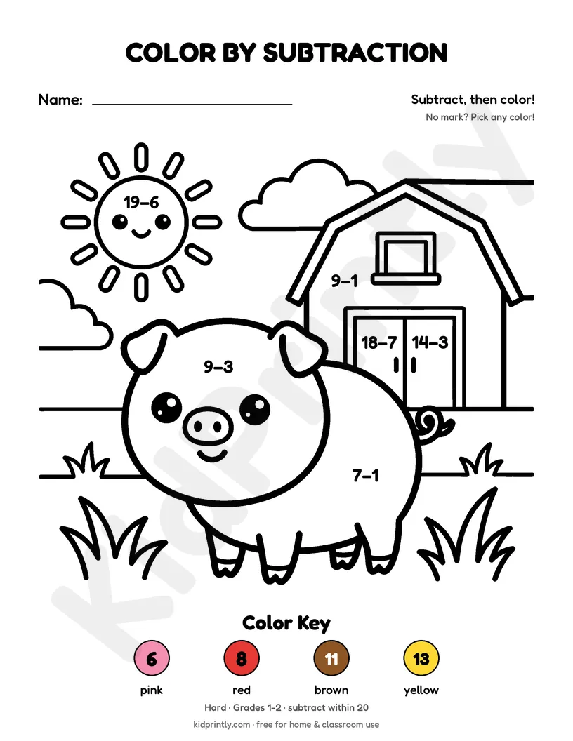 Farm Pig Color by Subtraction printable worksheet, hard · grades 1-2