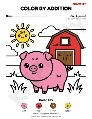 Farm Pig Color by Addition, medium · kindergarten, addition, colored preview