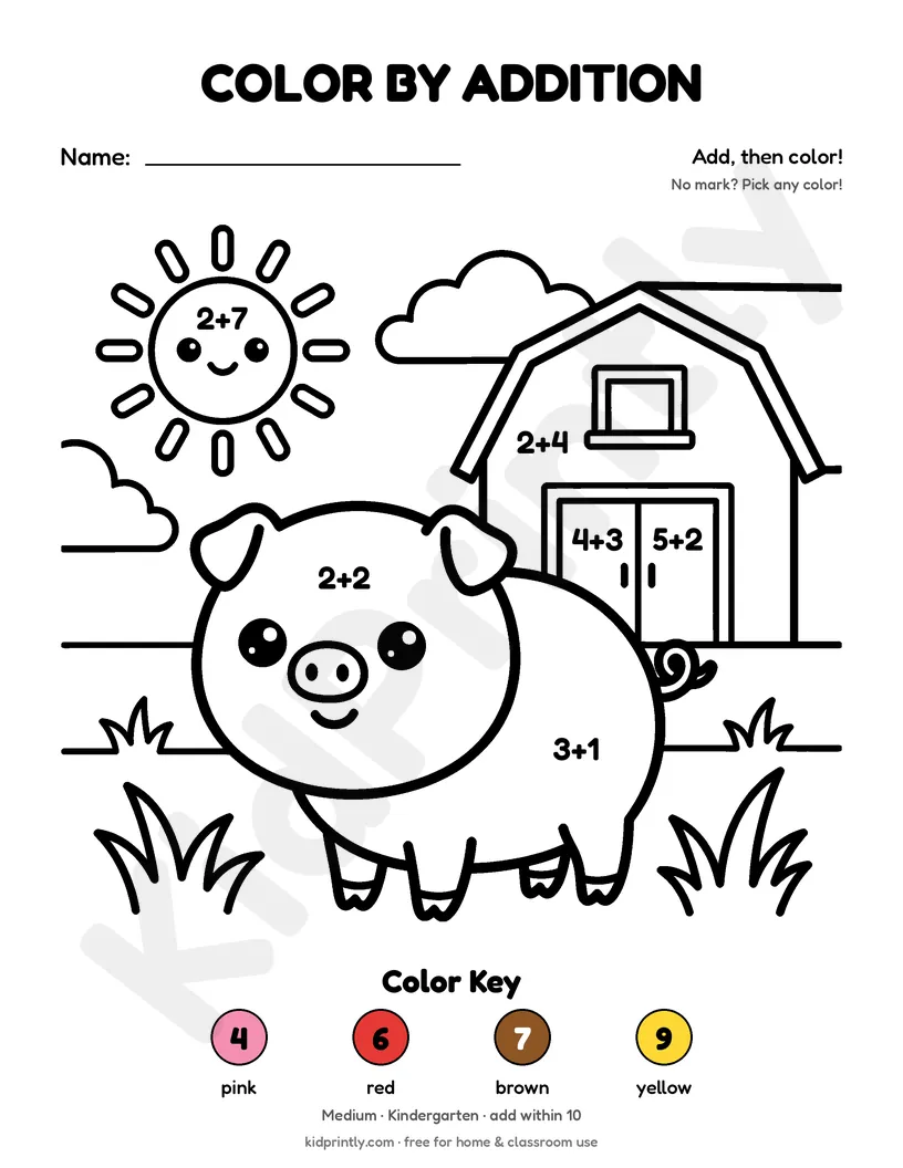 Farm Pig Color by Addition printable worksheet, medium · kindergarten