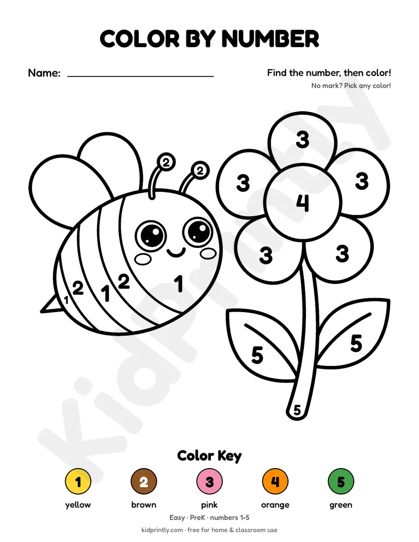 Bee and Flower Color by Number printable worksheet, easy · prek