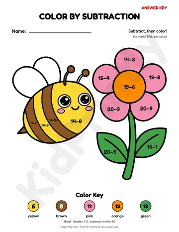 Bee and Flower Color by Subtraction, hard · grades 1-2, subtraction, colored preview