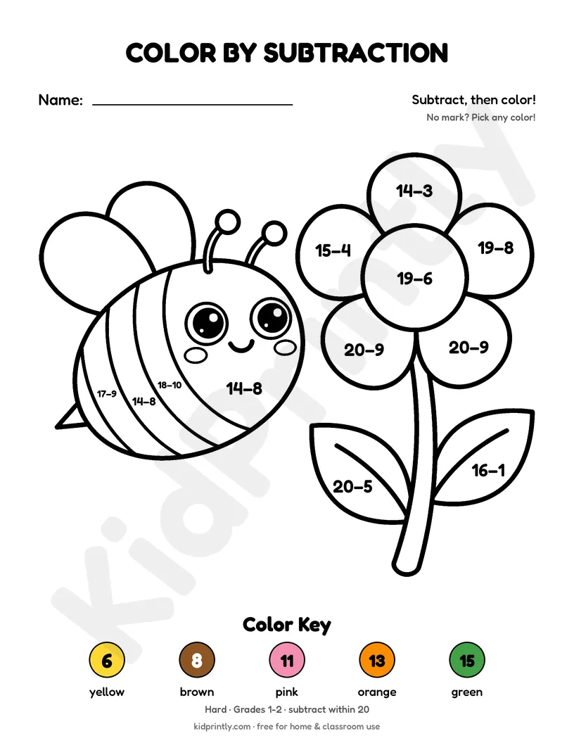 Bee and Flower Color by Subtraction printable worksheet, hard · grades 1-2
