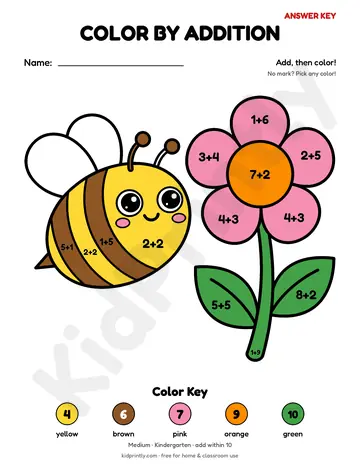 Bee and Flower Color by Addition, medium · kindergarten, addition, colored preview