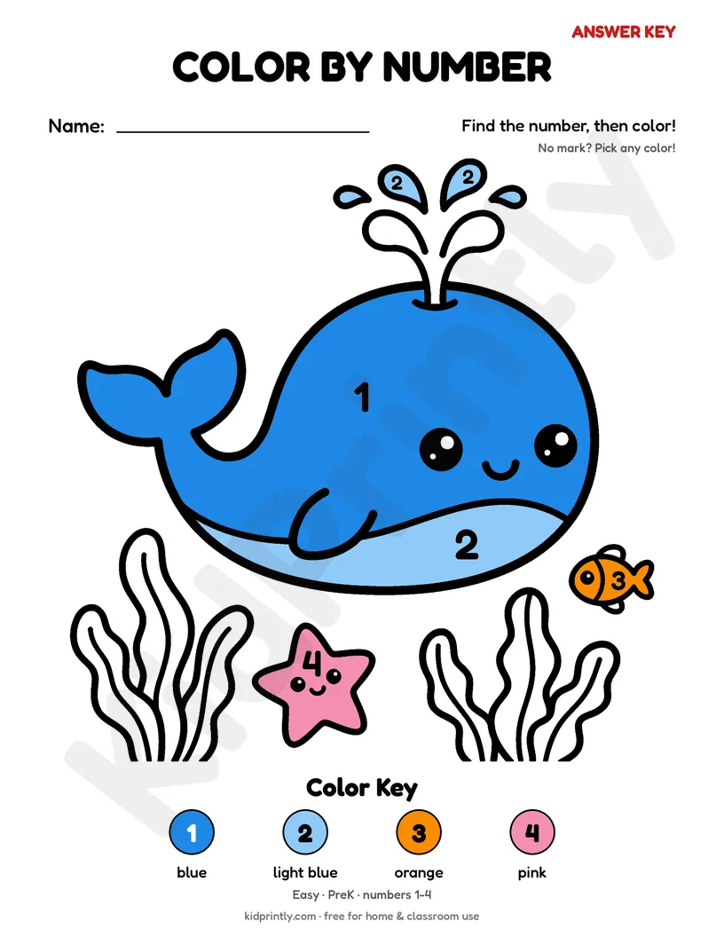 Whale and Friends Color by Number answer key, fully colored