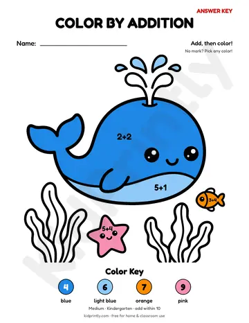 Whale and Friends Color by Addition, medium · kindergarten, addition, colored preview