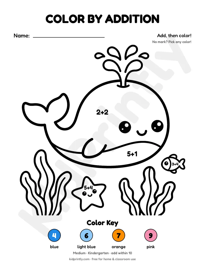 Whale and Friends Color by Addition printable worksheet, medium · kindergarten