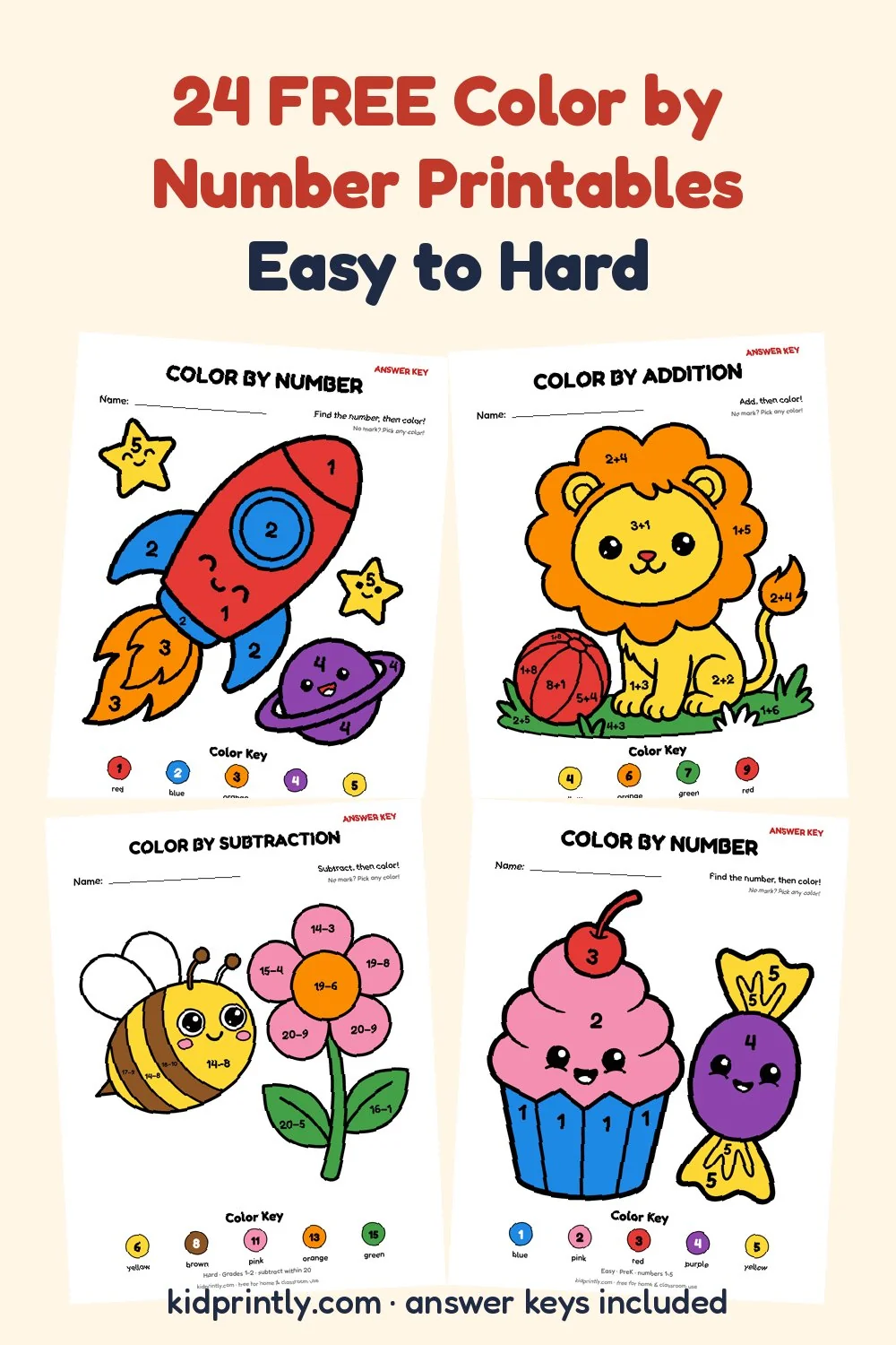 24 Free Color by Number Printables: preview of four sheets