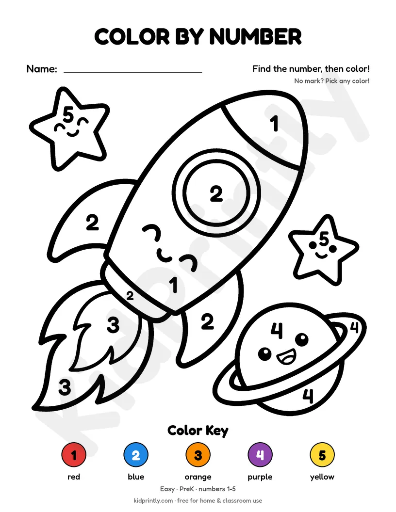 Rocket Ship Color by Number printable worksheet, easy · prek