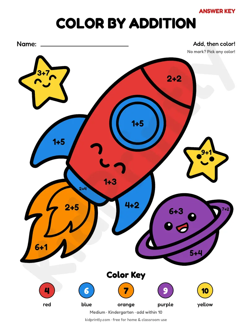 Rocket Ship Color by Addition answer key, fully colored