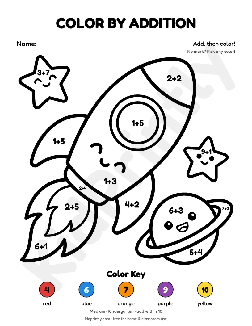 Rocket Ship Color by Addition printable worksheet, medium · kindergarten