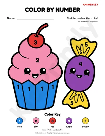 Cupcake Color by Number, easy · prek, numbers, colored preview