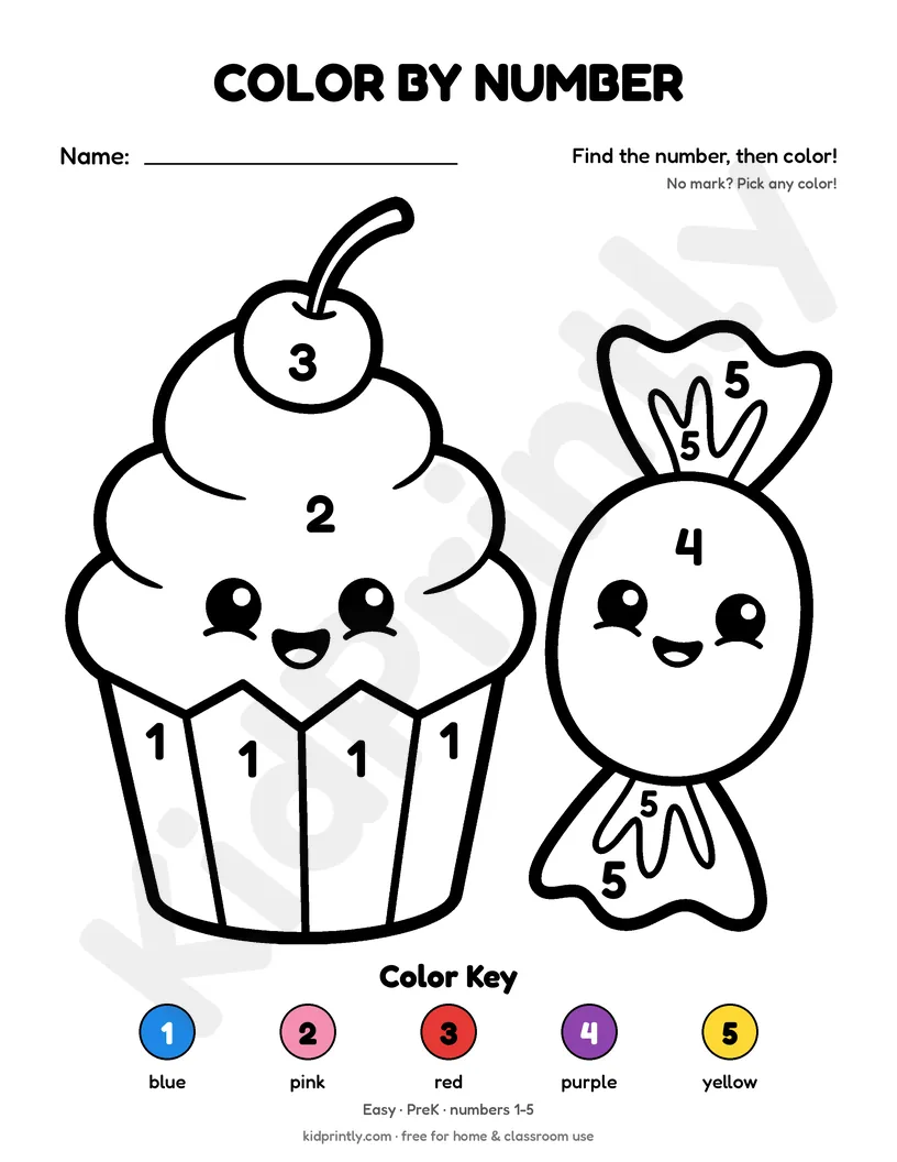Cupcake Color by Number printable worksheet, easy · prek