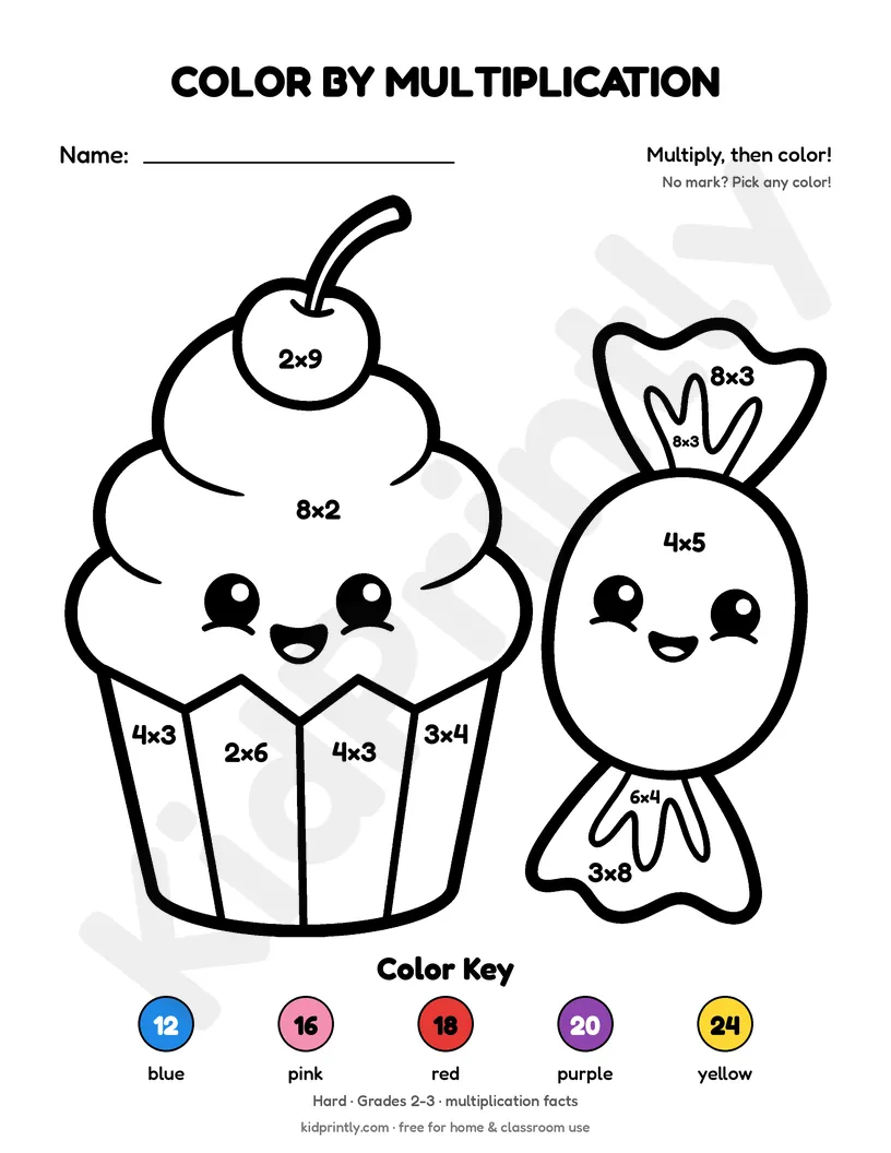 Cupcake Color by Multiplication printable worksheet, hard · grades 2-3