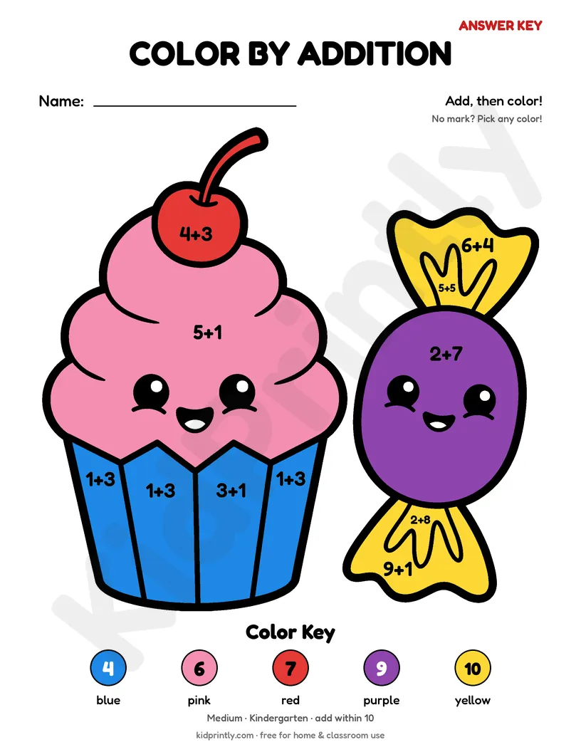 Cupcake Color by Addition answer key, fully colored
