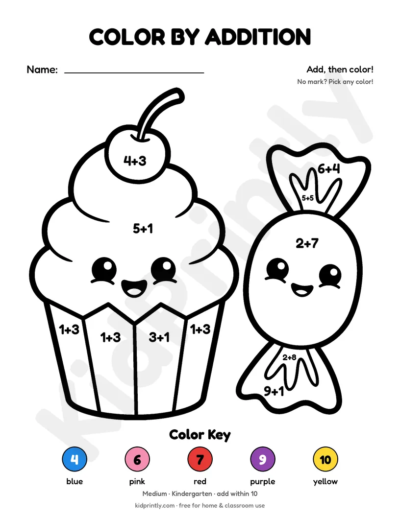 Cupcake Color by Addition printable worksheet, medium · kindergarten