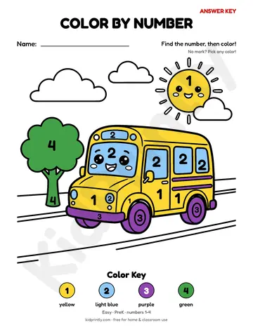 School Bus Color by Number, easy · prek, numbers, colored preview