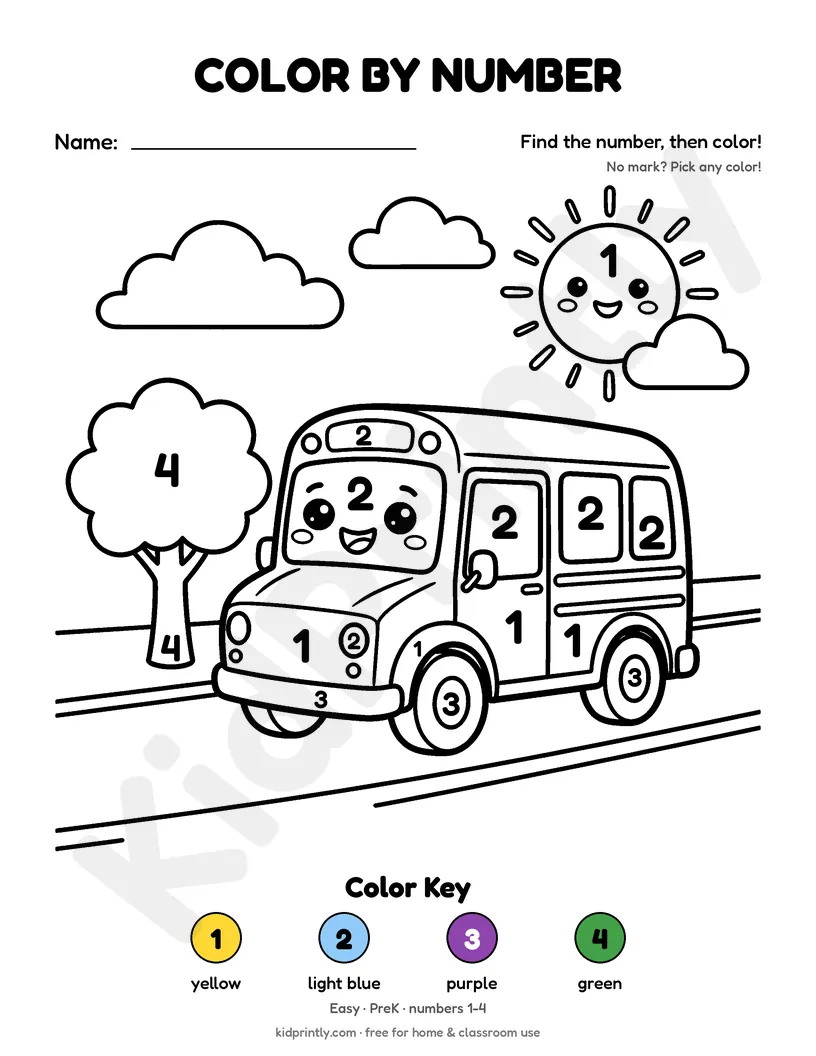 School Bus Color by Number printable worksheet, easy · prek