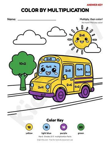 School Bus Color by Multiplication, hard · grades 2-3, multiplication, colored preview