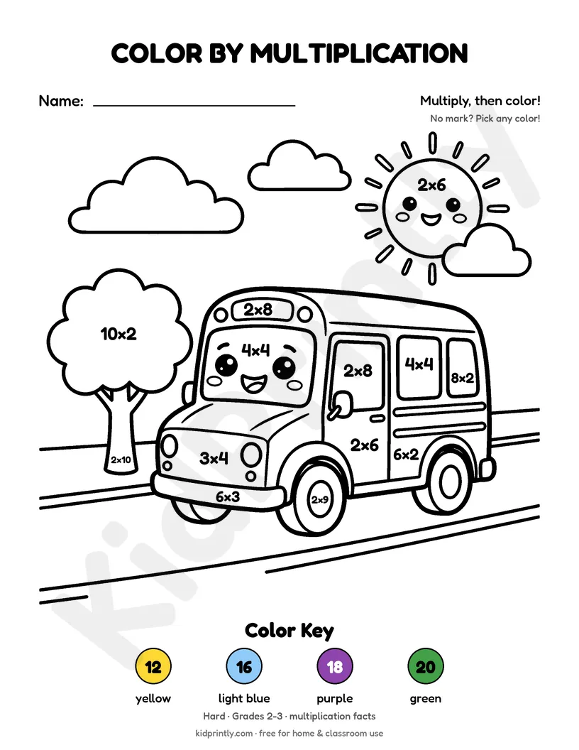 School Bus Color by Multiplication printable worksheet, hard · grades 2-3