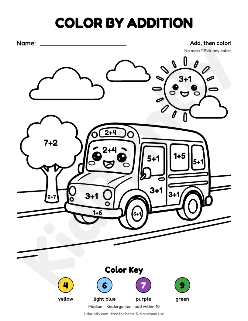 School Bus Color by Addition printable worksheet, medium · kindergarten