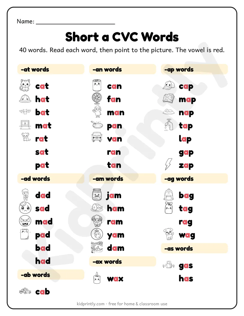 Short a CVC words list with pictures, printable