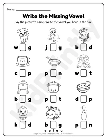 CVC worksheet: write the missing vowel