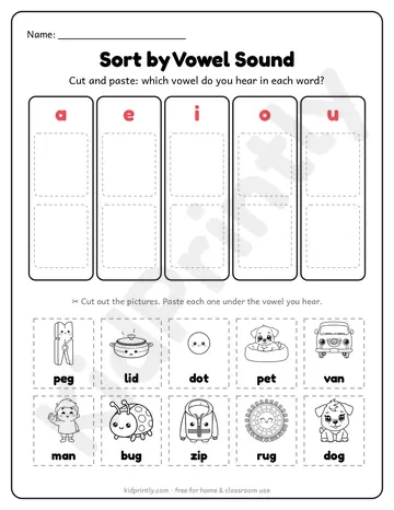 CVC worksheet: sort by vowel sound