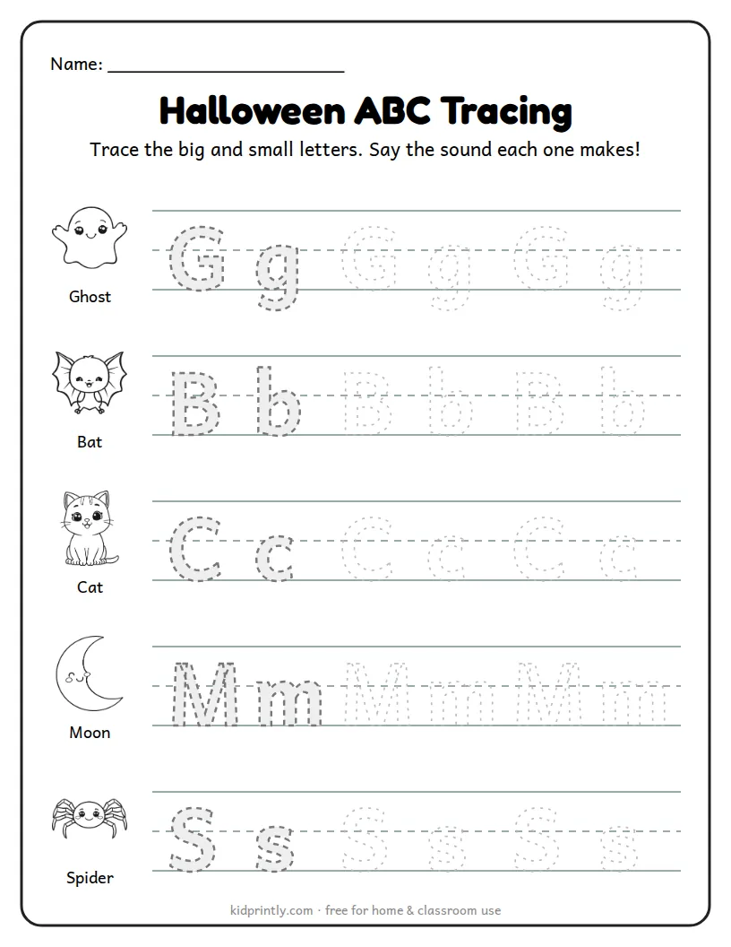 Halloween ABC Tracing: G, B, C, M, S printable worksheet for kindergarten