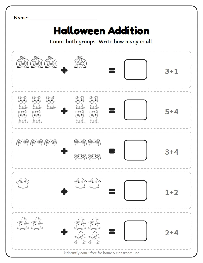 Halloween Picture Addition printable worksheet for kindergarten