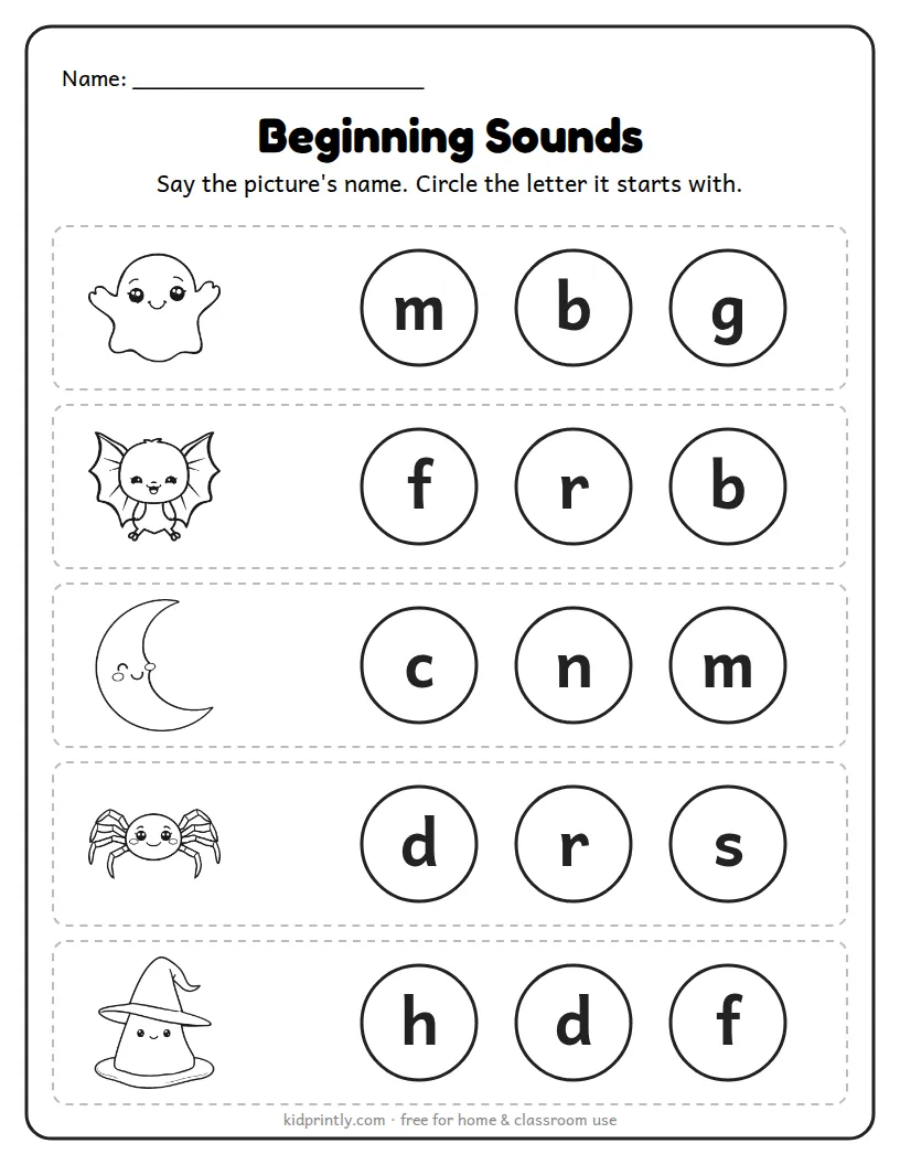 Halloween Beginning Sounds printable worksheet for kindergarten