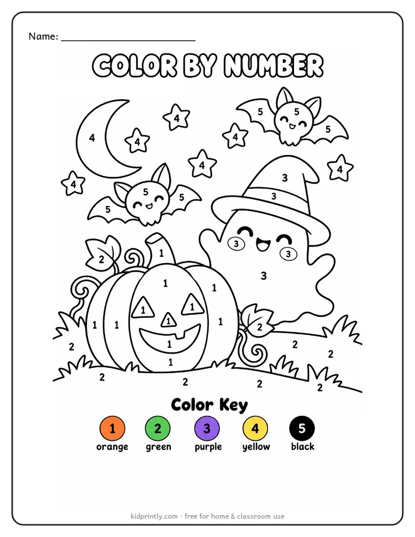 Halloween Color by Number printable worksheet for kindergarten